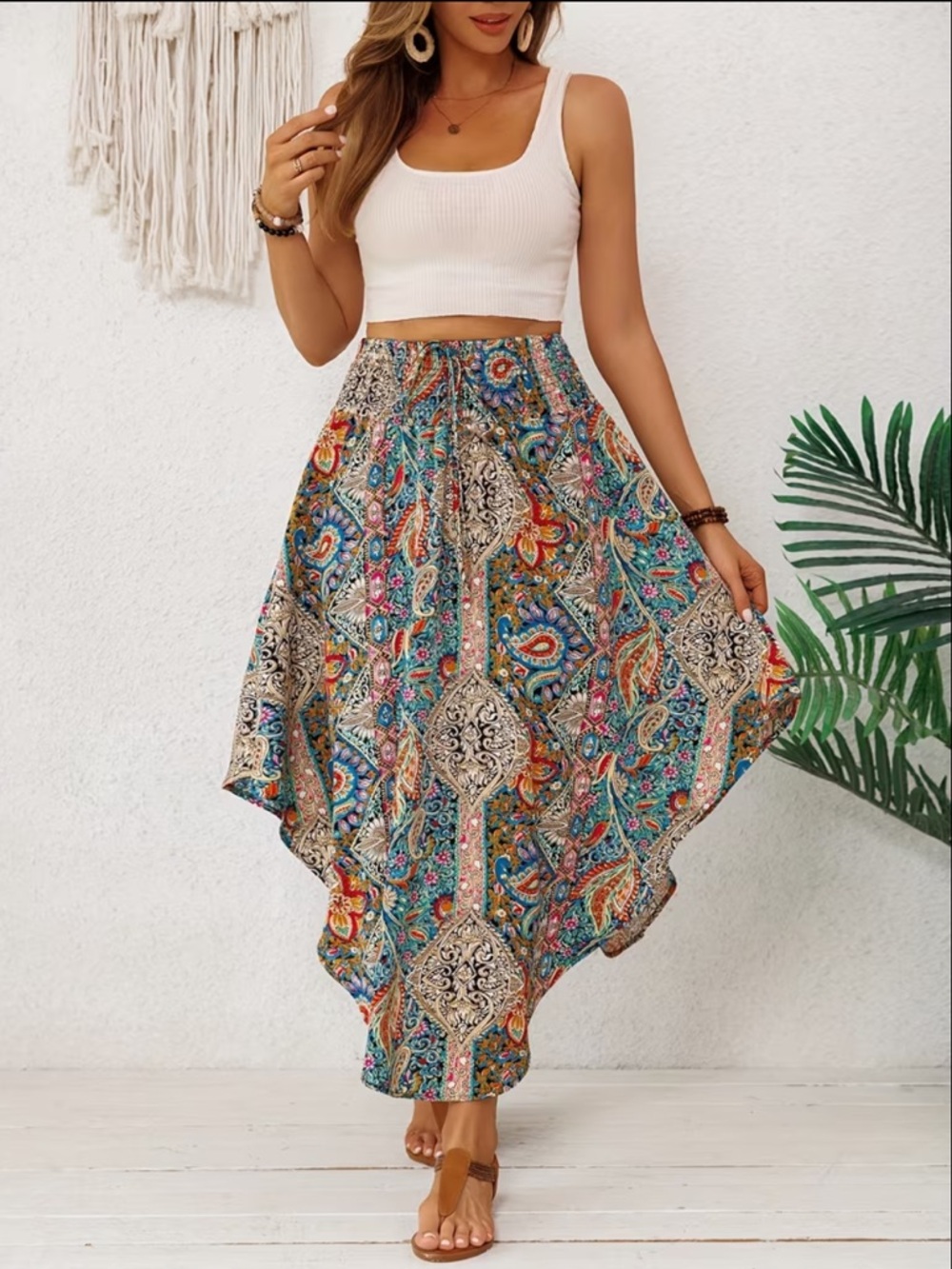 New Boho Print Curved Hem Midi Skirt